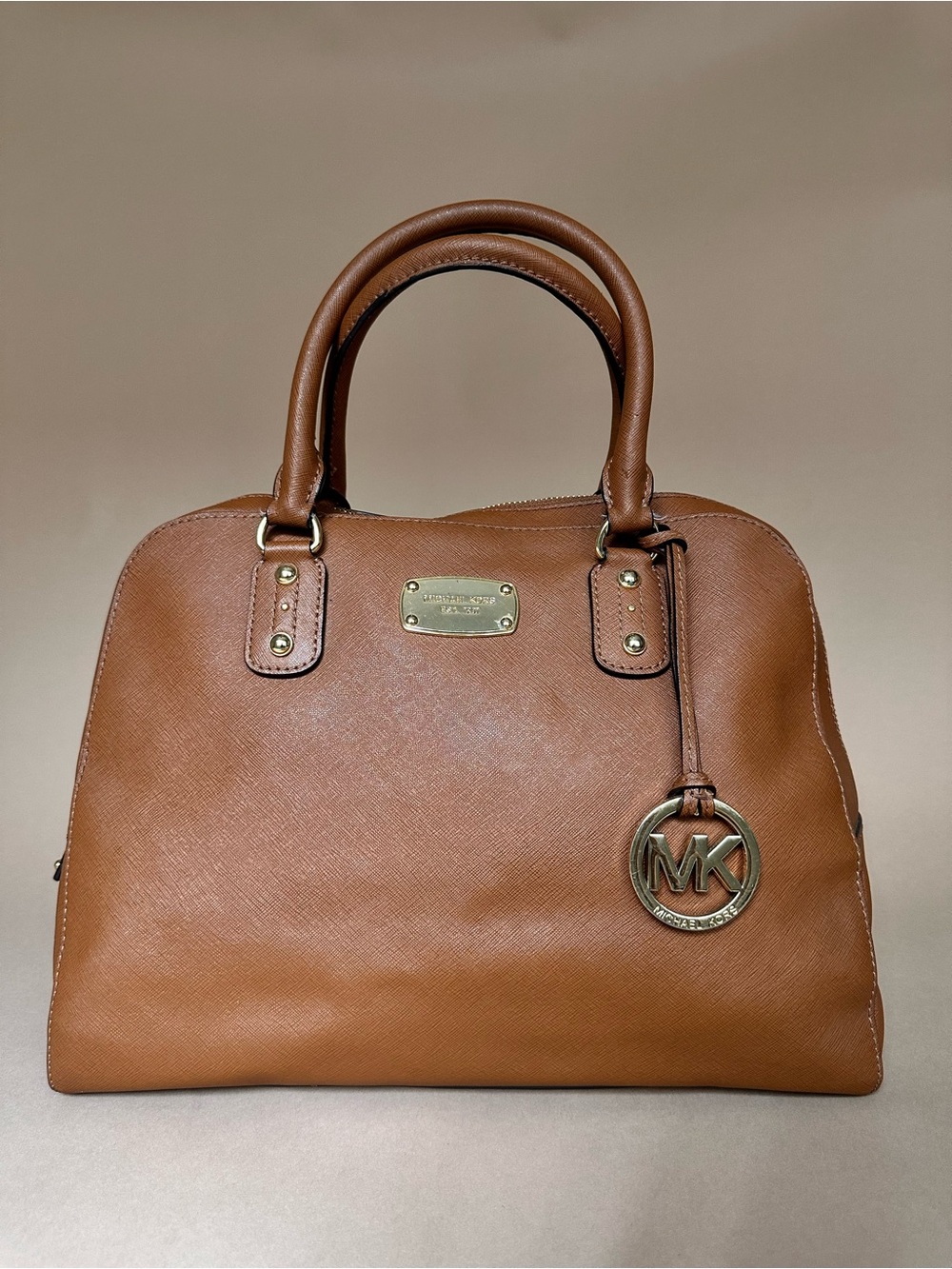 Michael Kors Camel Saffiano Handbag MK Logo Charm Gold Tone